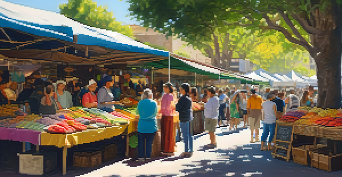 A lively artisan market with colorful stalls, handmade crafts, and smiling vendors interacting with visitors under warm sunlight.