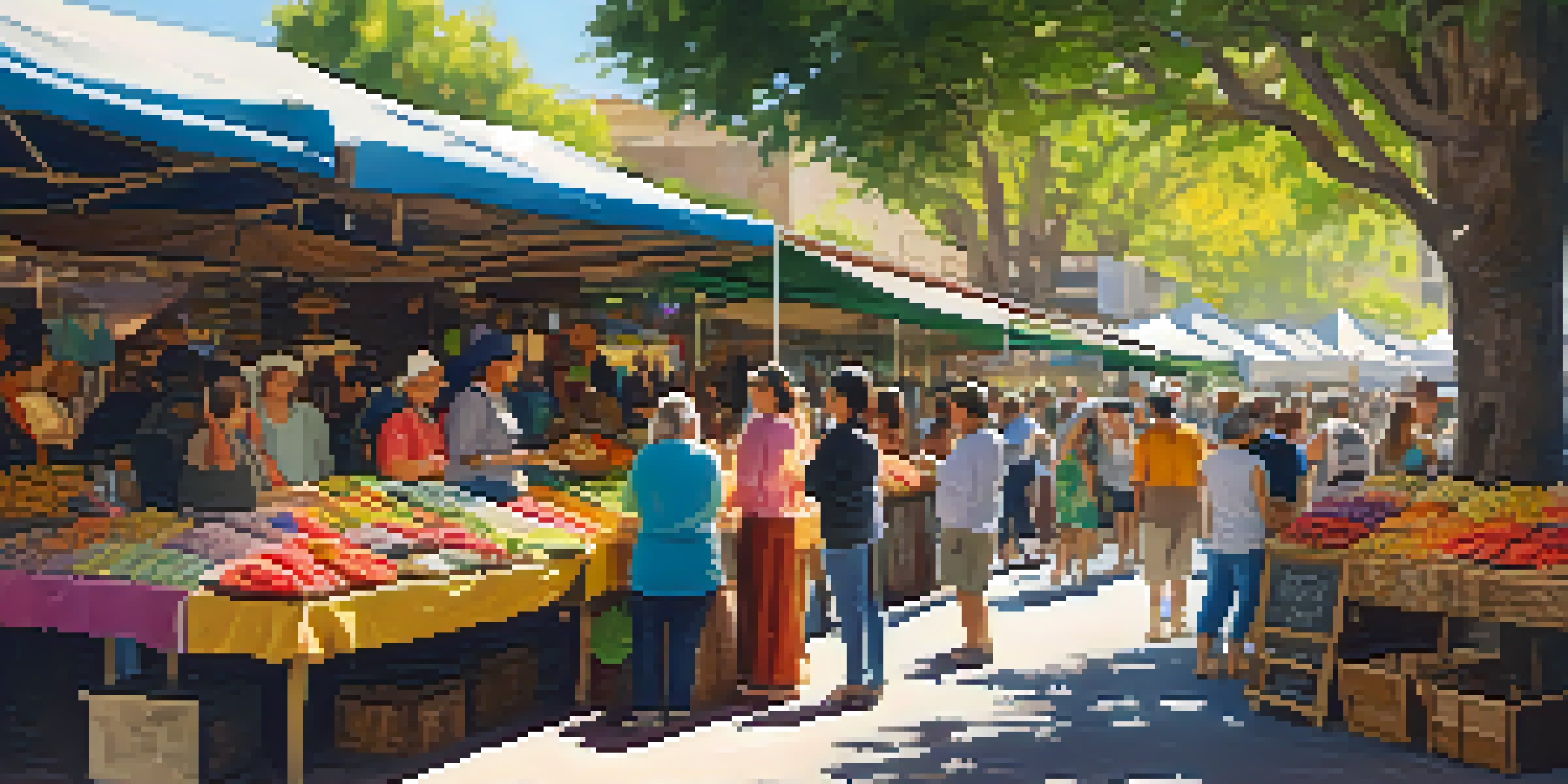 A lively artisan market with colorful stalls, handmade crafts, and smiling vendors interacting with visitors under warm sunlight.