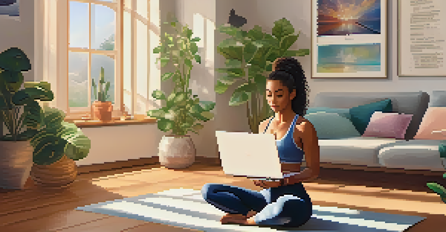 A person participating in a virtual yoga class at home, surrounded by greenery and sunlight.