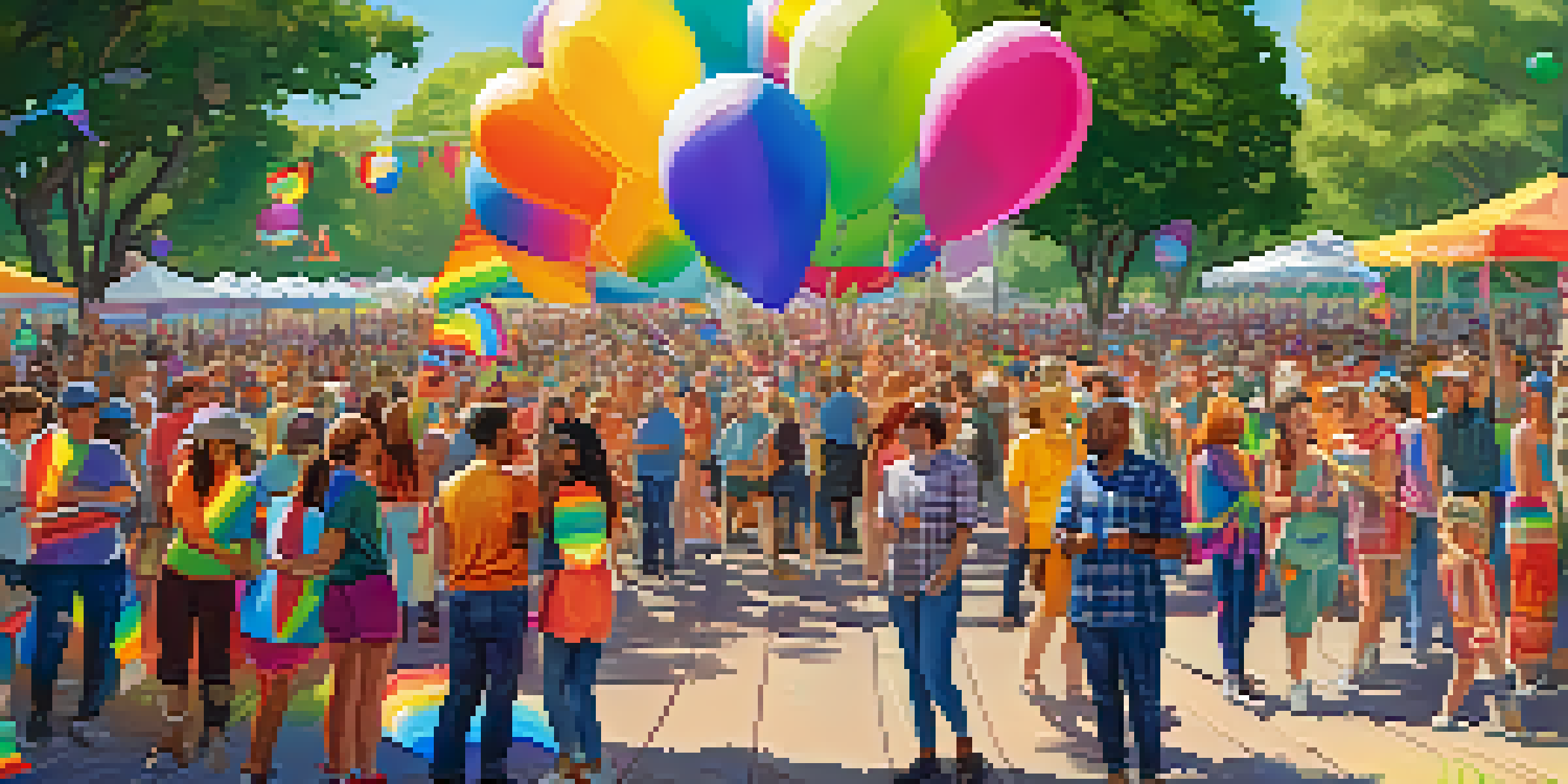 A lively Pride Month celebration with diverse individuals wearing colorful outfits and holding rainbow flags in a sunny park.