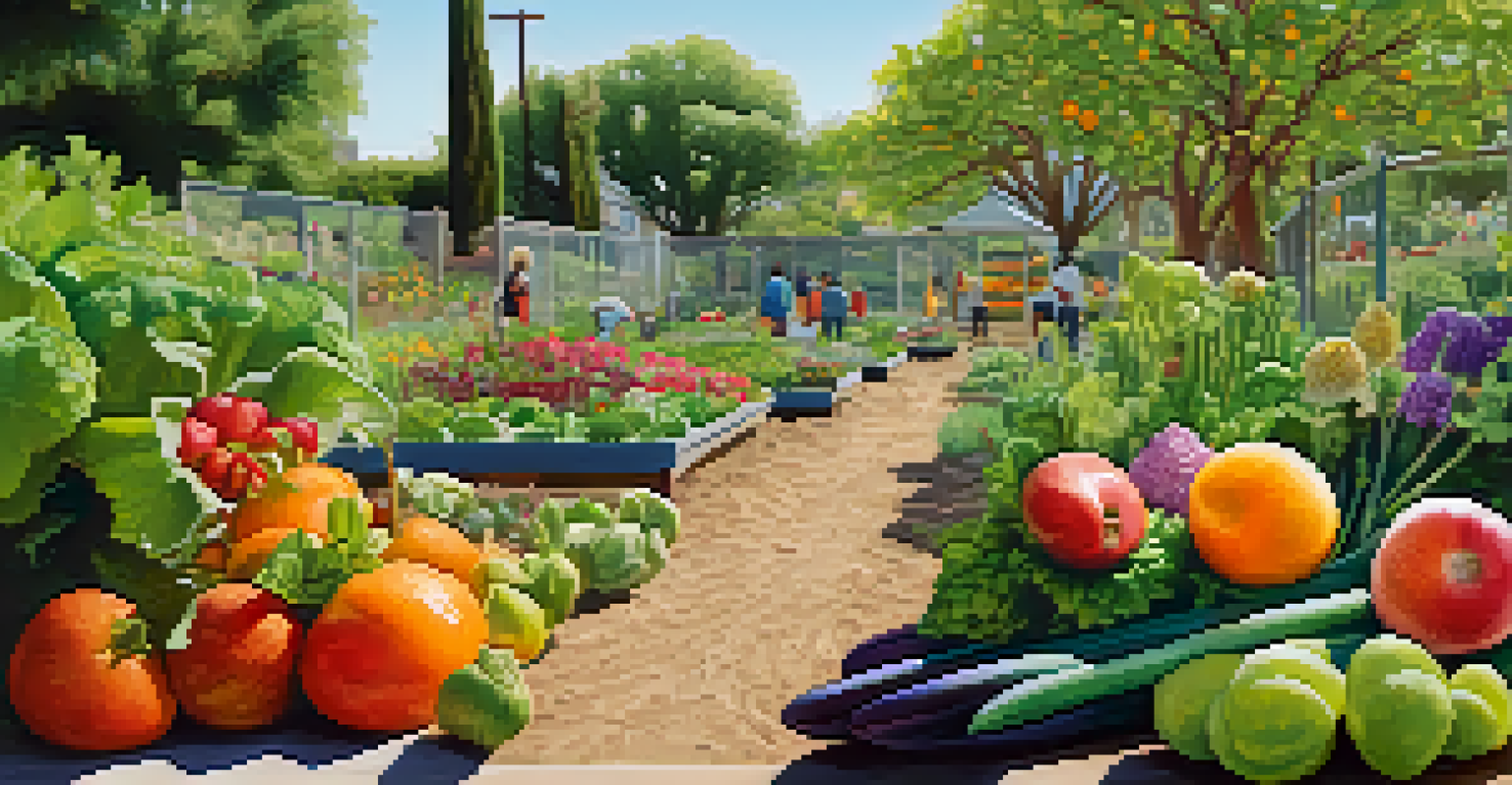 A community garden in San Jose with residents tending to colorful vegetables and flowers, surrounded by bees and butterflies.