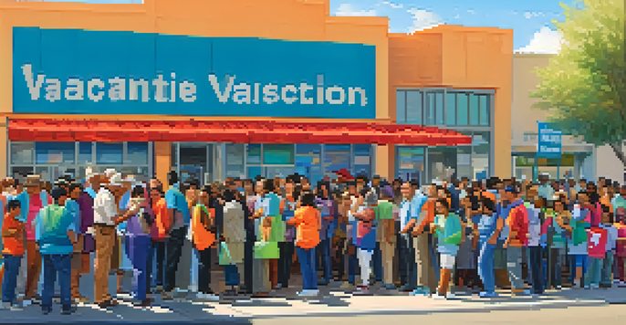 A community vaccination site with a diverse group of people waiting in line, assisted by volunteers.