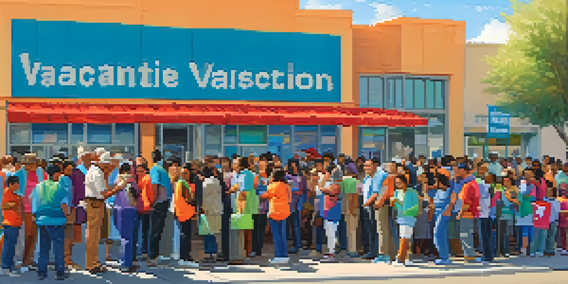 A community vaccination site with a diverse group of people waiting in line, assisted by volunteers.