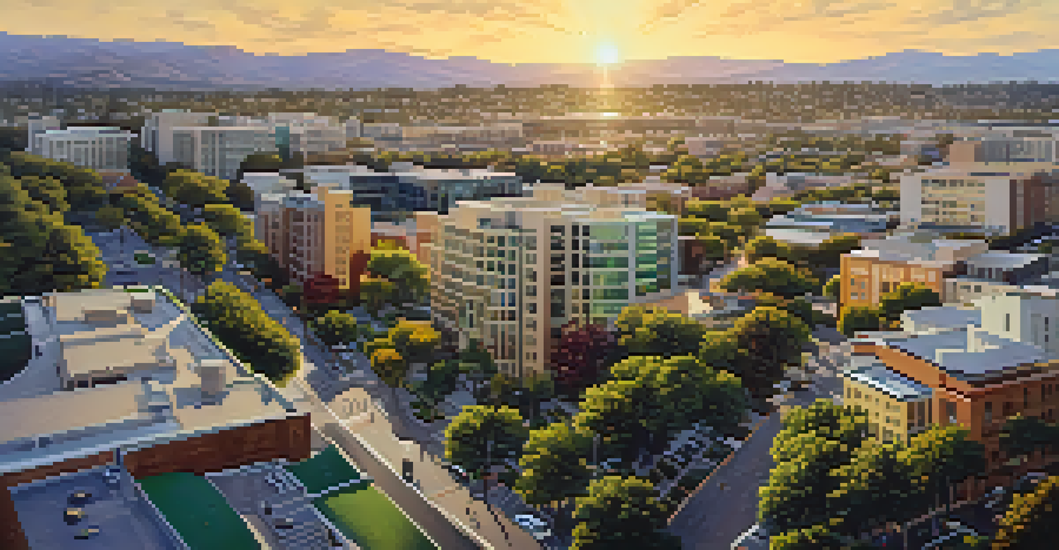 Aerial view of San Jose's urban landscape featuring modern buildings and green parks during sunset.