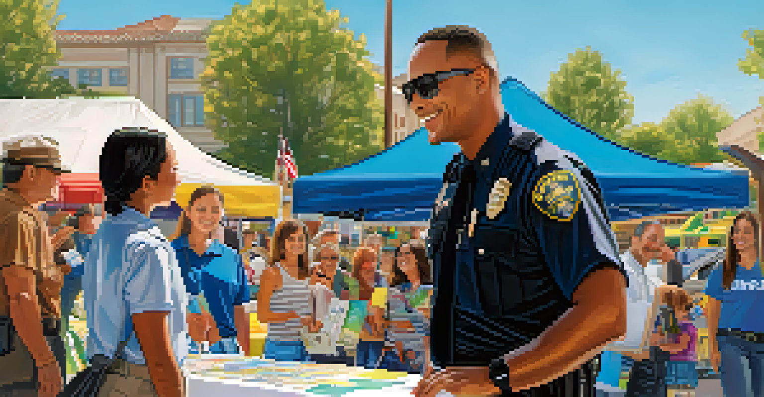 A law enforcement officer engaging with residents at a safety fair, surrounded by colorful tents and families.