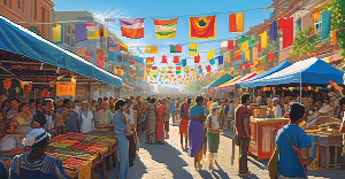 A lively small-town festival with colorful stalls, diverse people, and performers on stage under a clear blue sky.