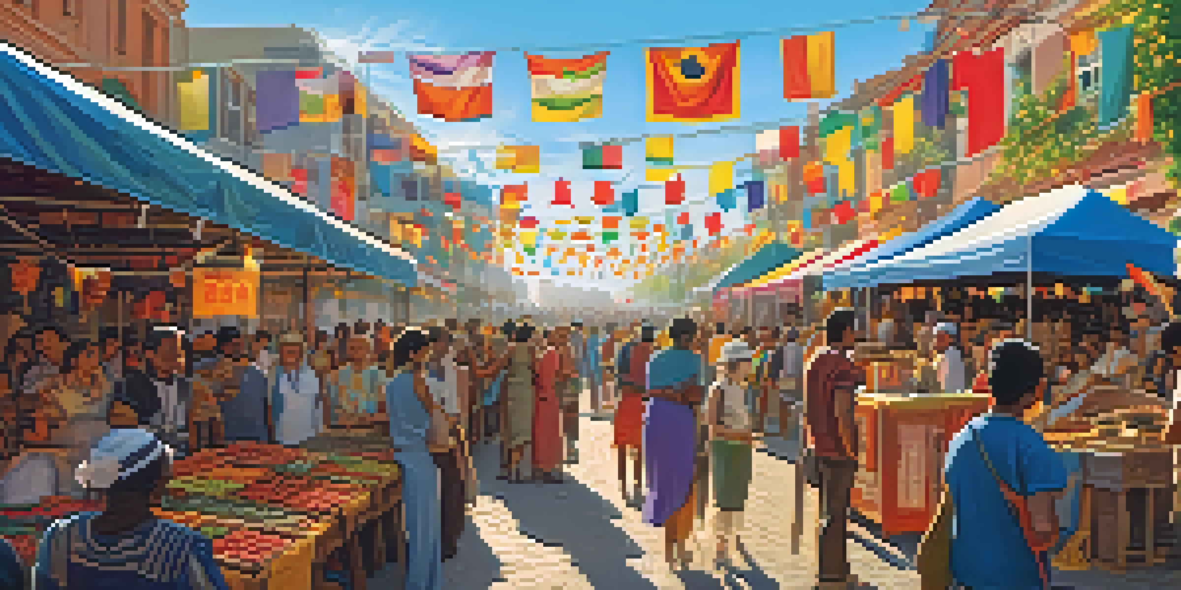A lively small-town festival with colorful stalls, diverse people, and performers on stage under a clear blue sky.