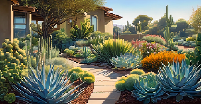 A vibrant garden showcasing drought-resistant native plants under a sunny sky.