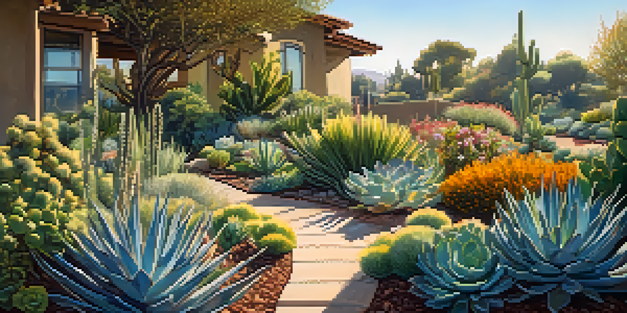 A vibrant garden showcasing drought-resistant native plants under a sunny sky.