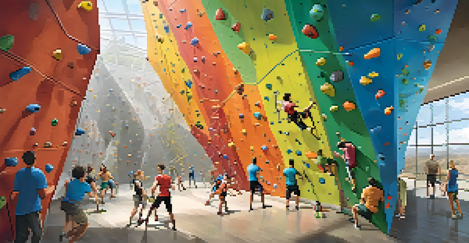 Climbers of different skill levels tackling colorful climbing walls in a busy indoor rock climbing gym.