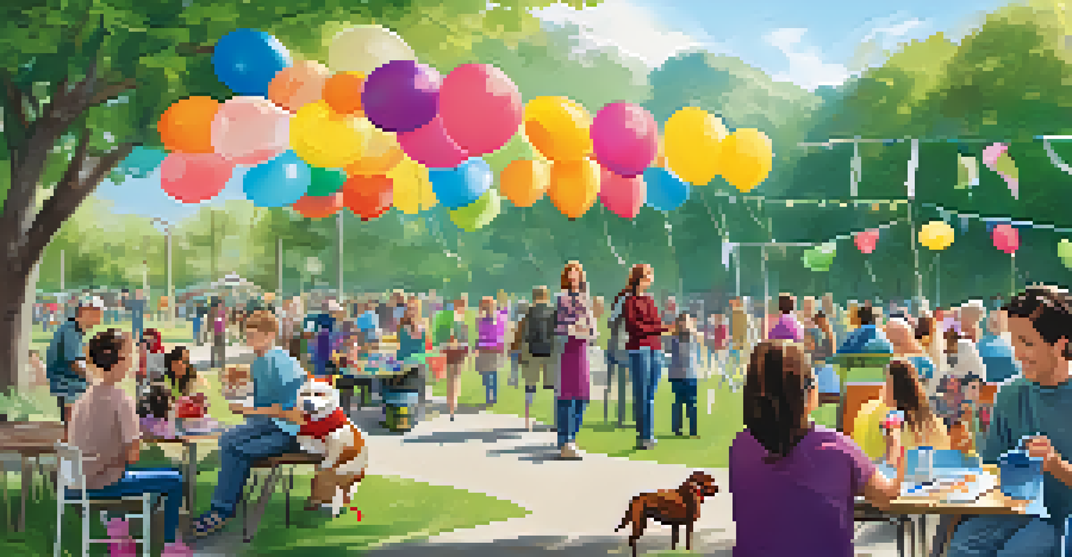 A vibrant outdoor pet adoption event in a park with families and volunteers interacting with pets.