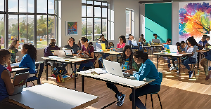 A community center in San Jose with diverse individuals participating in a digital literacy workshop, surrounded by natural light and laptops.