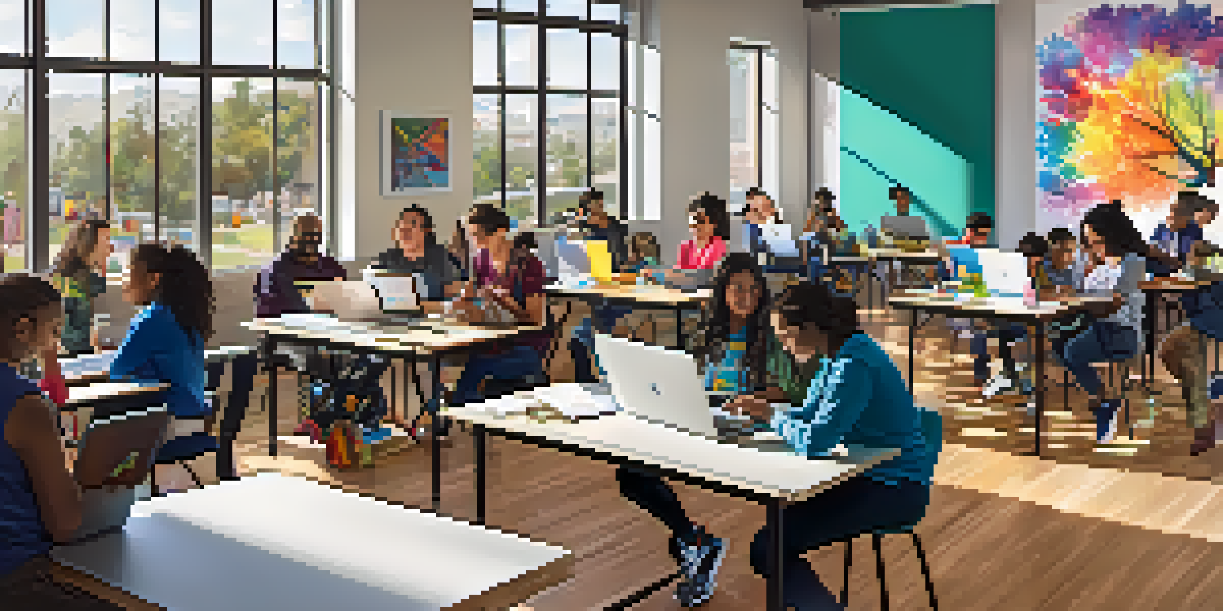 A community center in San Jose with diverse individuals participating in a digital literacy workshop, surrounded by natural light and laptops.