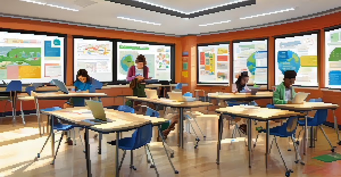 A vibrant classroom scene with students using technology for learning, collaborating on projects, and surrounded by educational posters.