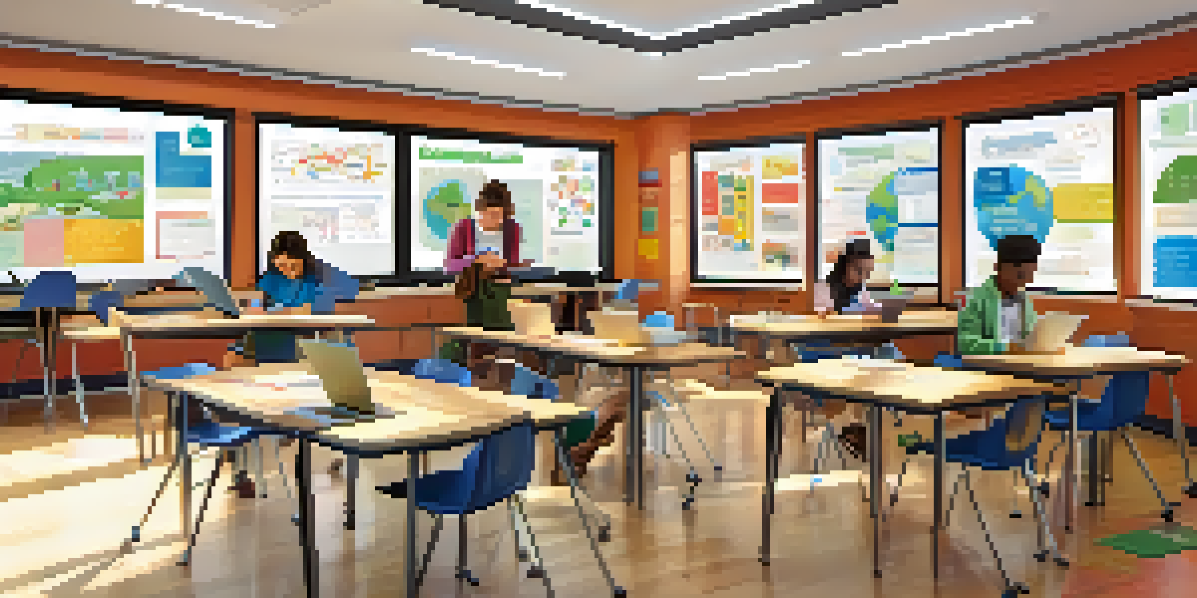 A vibrant classroom scene with students using technology for learning, collaborating on projects, and surrounded by educational posters.