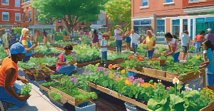 A diverse group of people working in a community garden, planting flowers and vegetables with smiles on their faces.