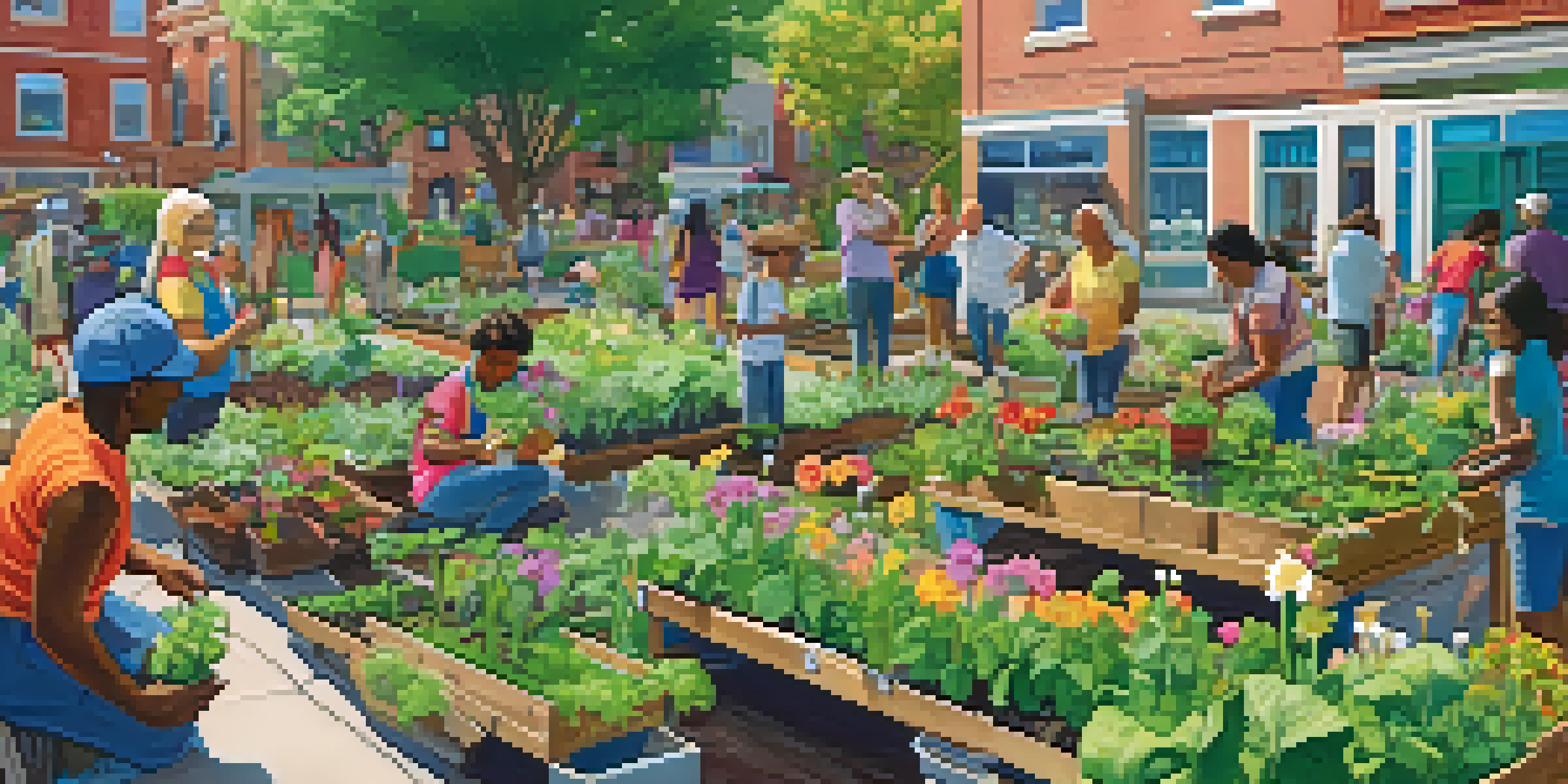 A diverse group of people working in a community garden, planting flowers and vegetables with smiles on their faces.
