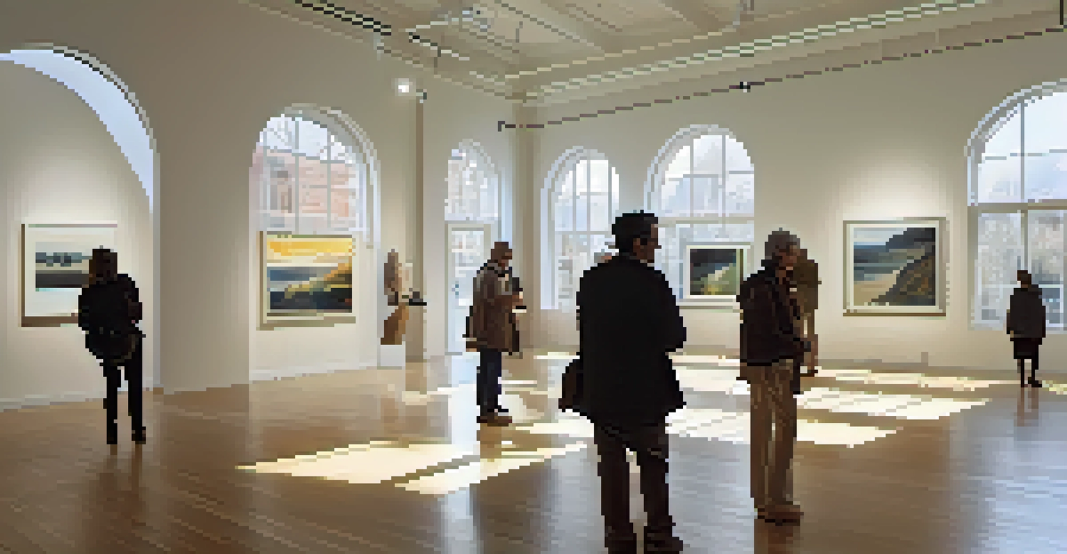 An art exhibition in a modern gallery with contemporary artworks and visitors discussing.