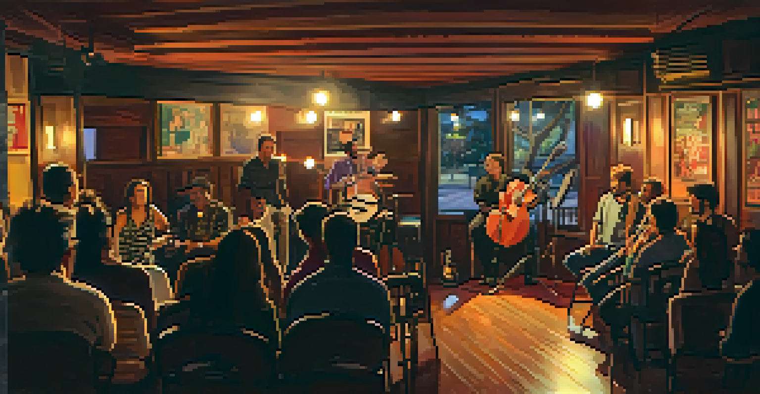 A cozy live music venue with a small band performing, an intimate audience, warm lighting, and vintage decor.
