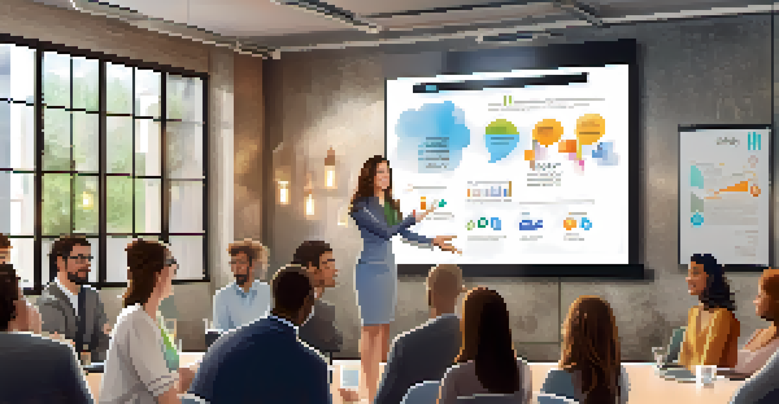 A young woman presenting her business idea at a networking meetup, with an engaged audience in a well-lit conference room.
