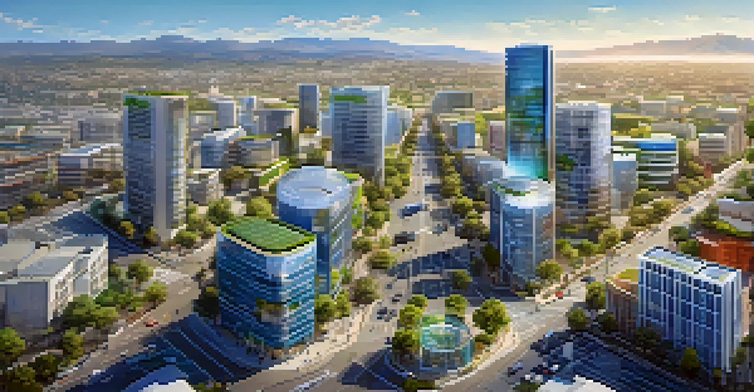 An aerial view of a smart city in San Jose with IoT devices and sustainable buildings under a clear sky.
