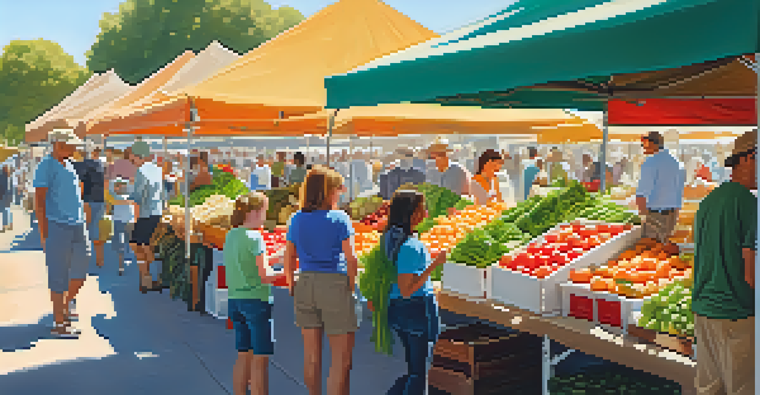 A lively farmers' market with fresh produce and people interacting, under warm afternoon sunlight.