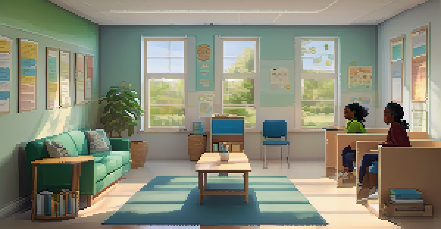 A school counseling room with a counselor and a student engaged in conversation, featuring comfortable seating and motivational posters.