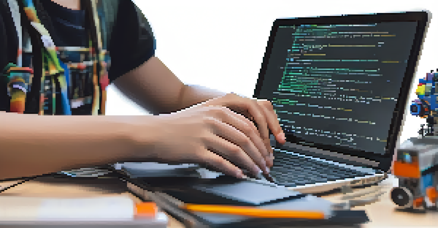 A close-up of a student's hands typing on a laptop with coding scripts on the screen, surrounded by educational materials.