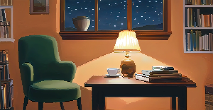 A cozy room with a person sitting in a chair, holding a phone, surrounded by warm lighting and calming decor.