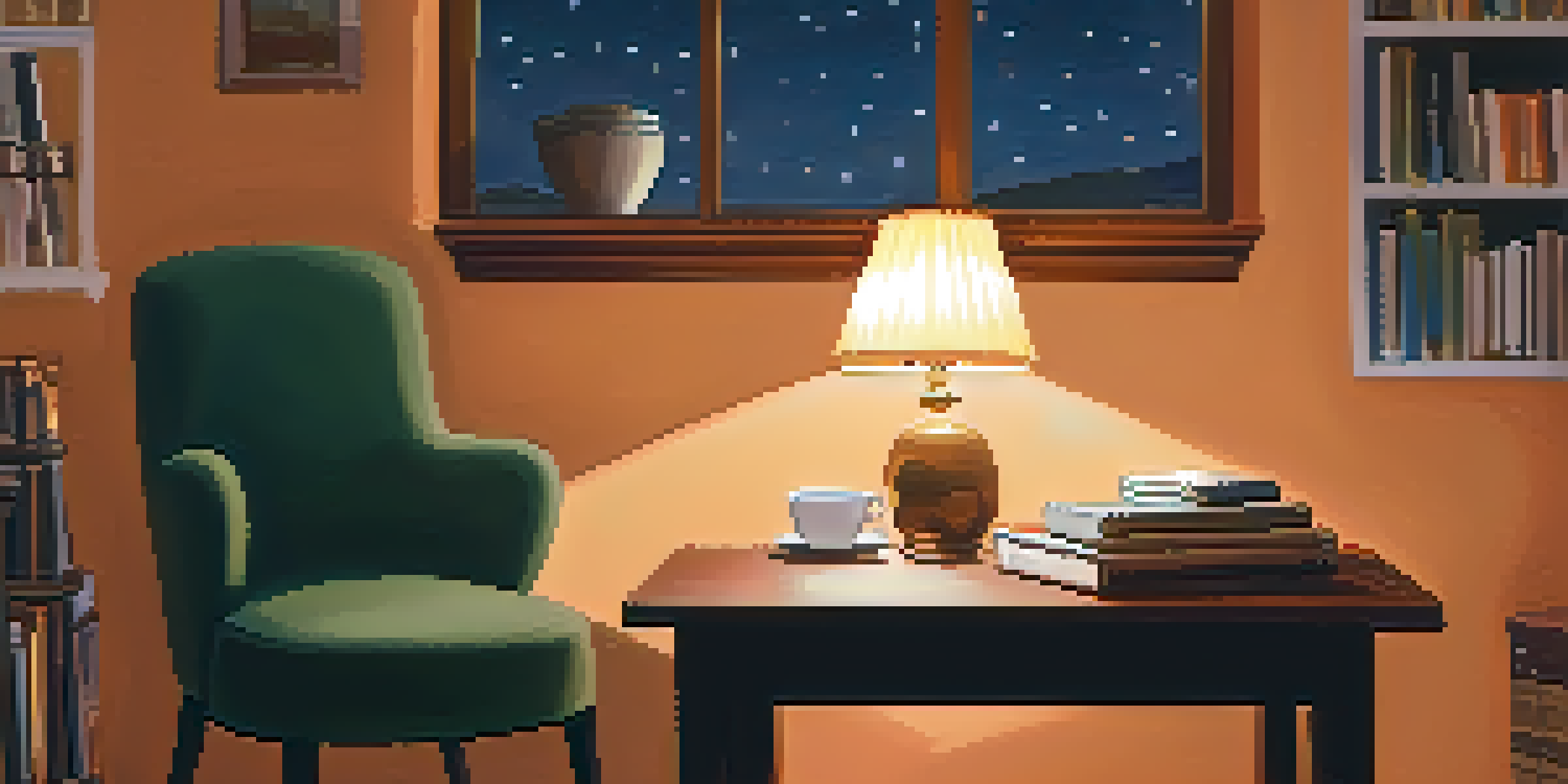 A cozy room with a person sitting in a chair, holding a phone, surrounded by warm lighting and calming decor.