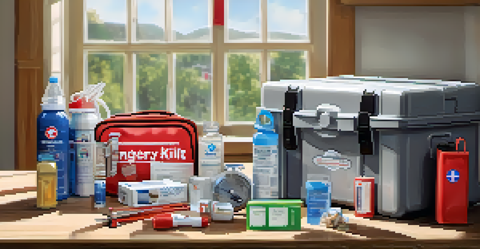 An open emergency kit on a wooden table displaying essential supplies in a bright kitchen.