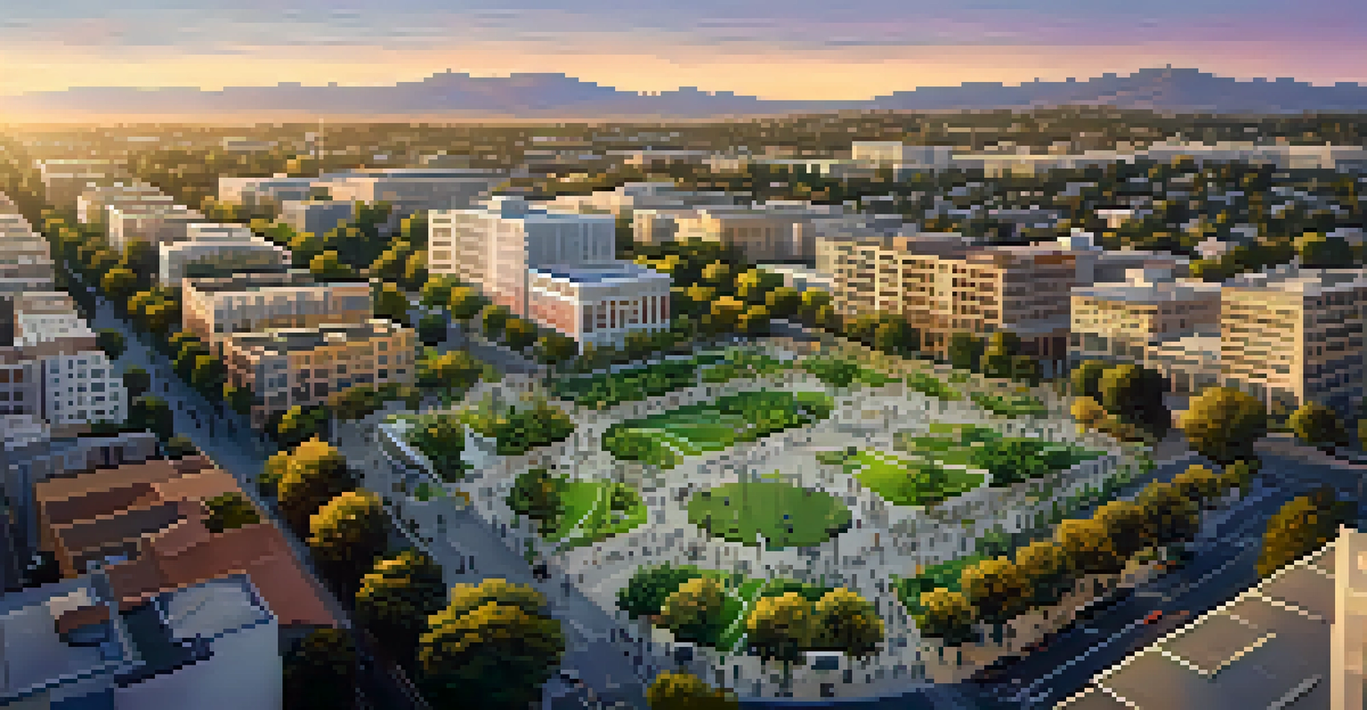 An aerial view of San Jose showing bike-sharing stations, pedestrian pathways, parks, and a sunset over the cityscape.