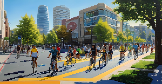 A lively bike lane in San Jose with cyclists of different ages, surrounded by greenery and modern buildings under a clear blue sky.