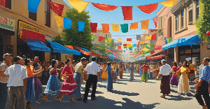 A lively cultural exchange festival in San Jose with people dancing and sharing food under colorful banners.