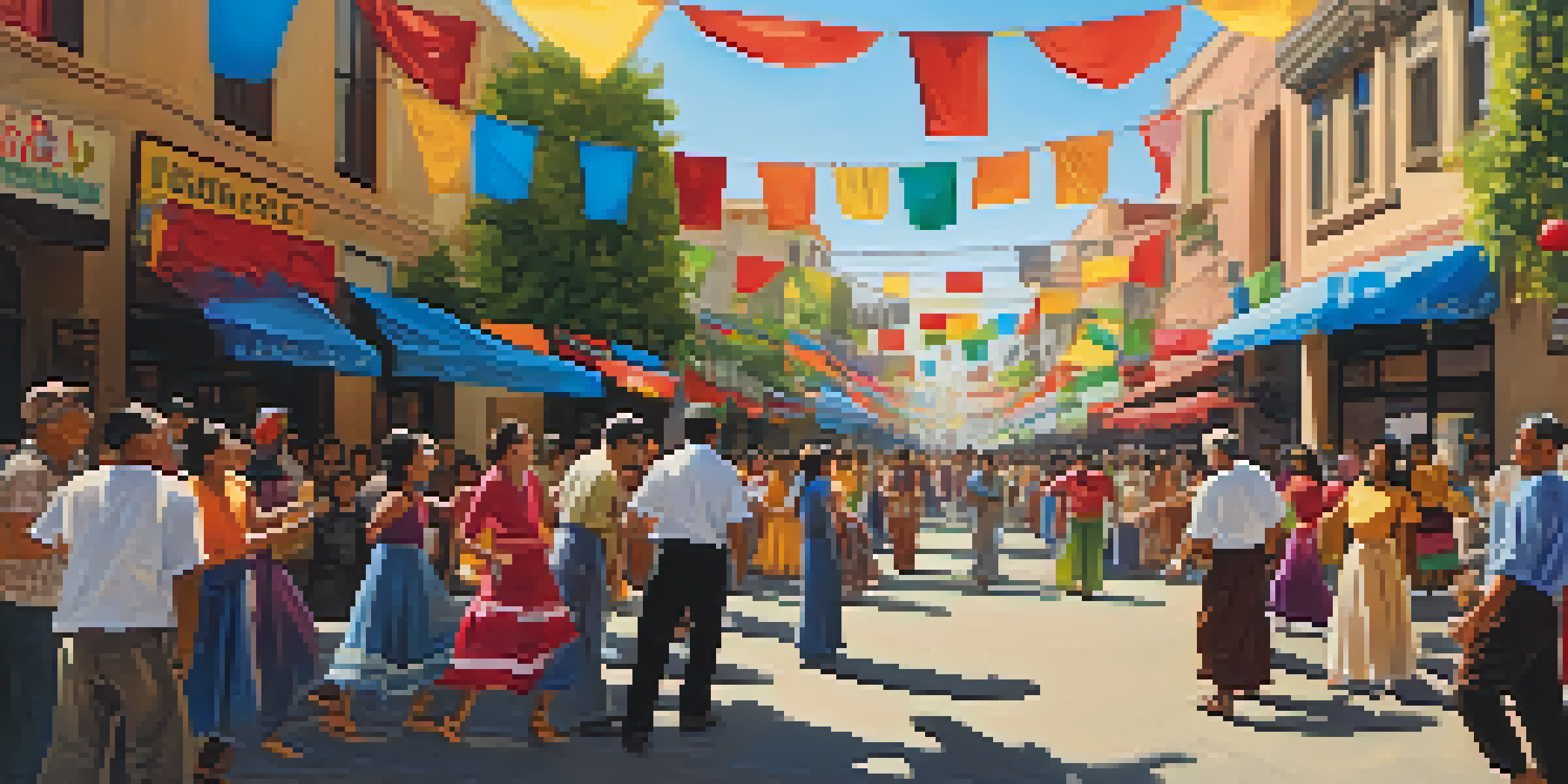 A lively cultural exchange festival in San Jose with people dancing and sharing food under colorful banners.