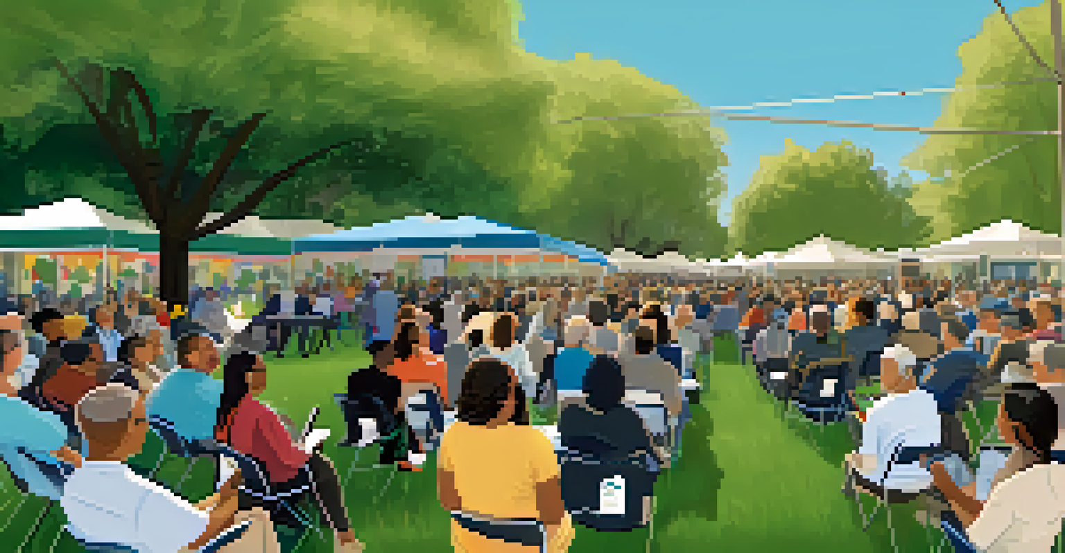 A city official gathering feedback from residents using a tablet during an outdoor town hall meeting.