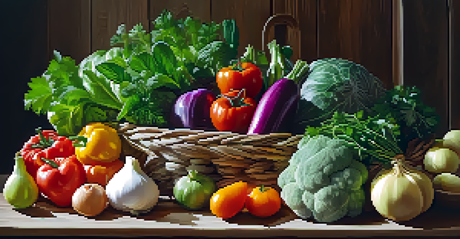 A close-up of fresh herbs and colorful vegetables harvested from a vertical farm, artistically arranged on a wooden table.