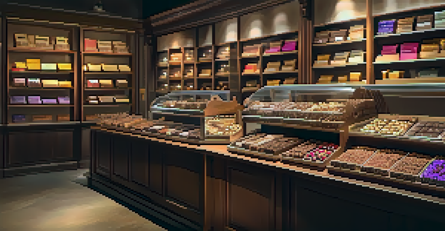 A variety of handcrafted chocolates displayed in a charming shop, inviting customers to indulge.
