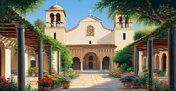 A beautiful view of Mission Santa Clara, featuring its ornate architecture and tranquil garden filled with colorful flowers.