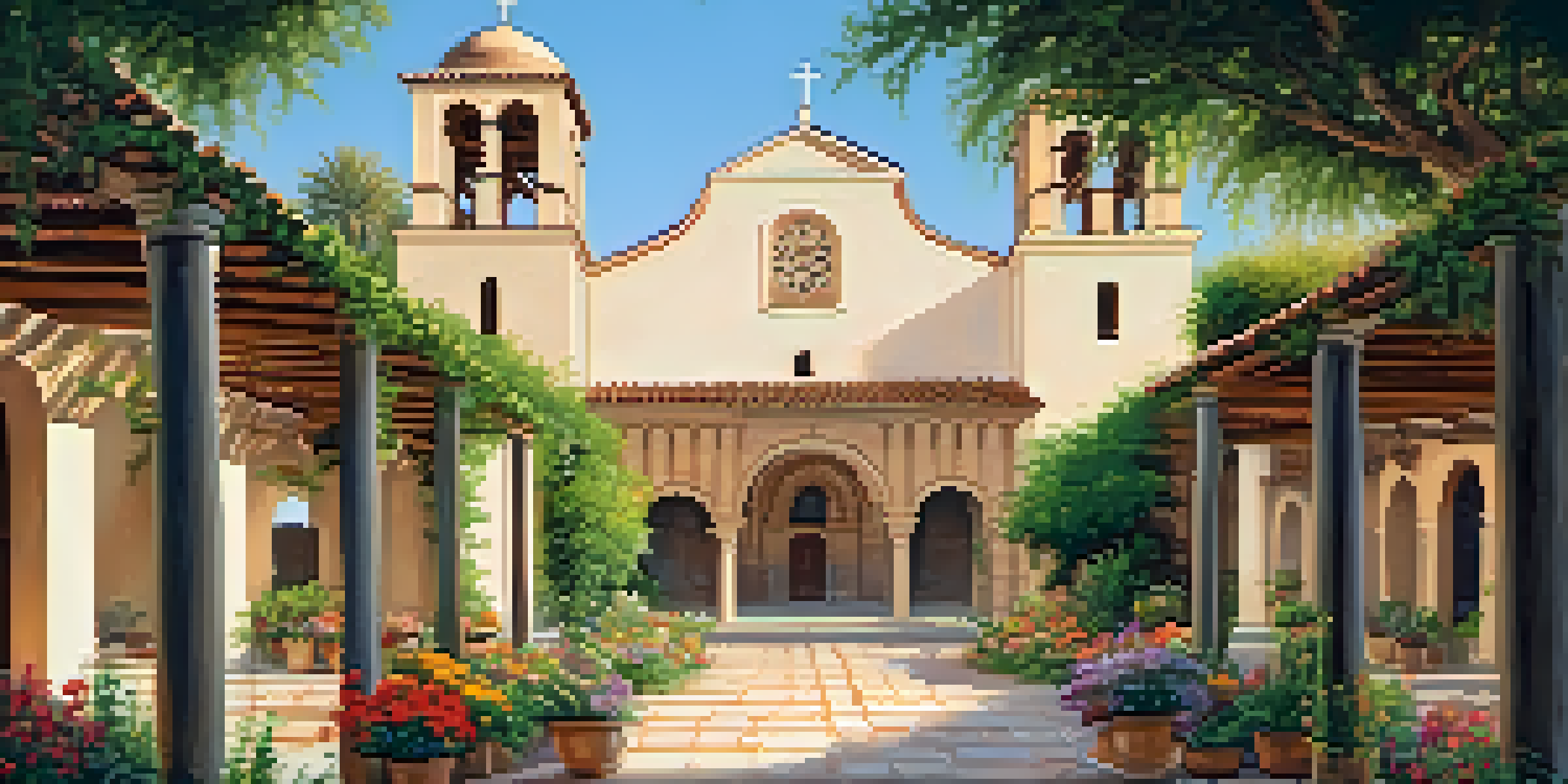 A beautiful view of Mission Santa Clara, featuring its ornate architecture and tranquil garden filled with colorful flowers.