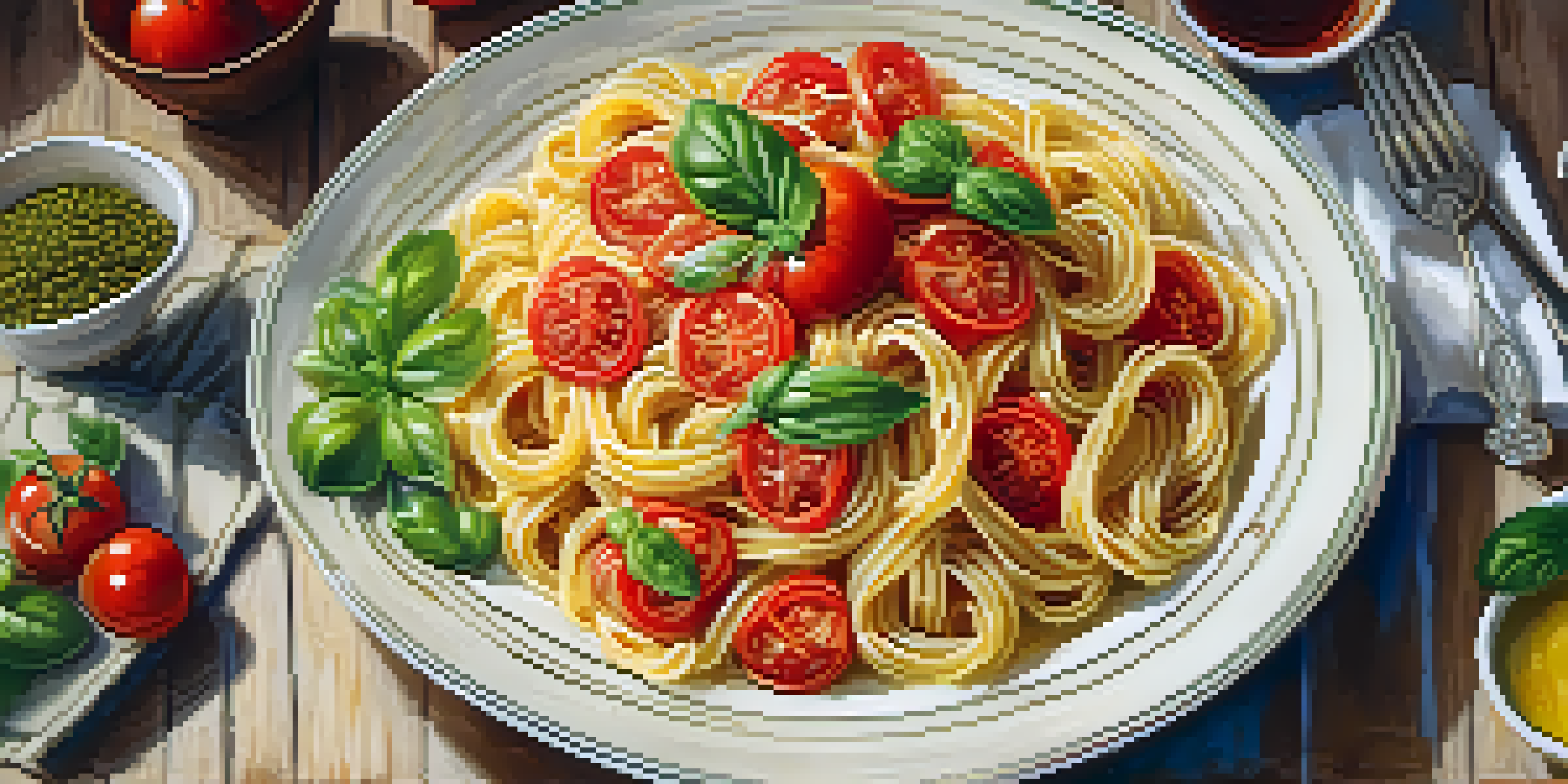 A traditional Italian pasta dish with tomatoes and basil on a wooden table, surrounded by a family photo in the background.