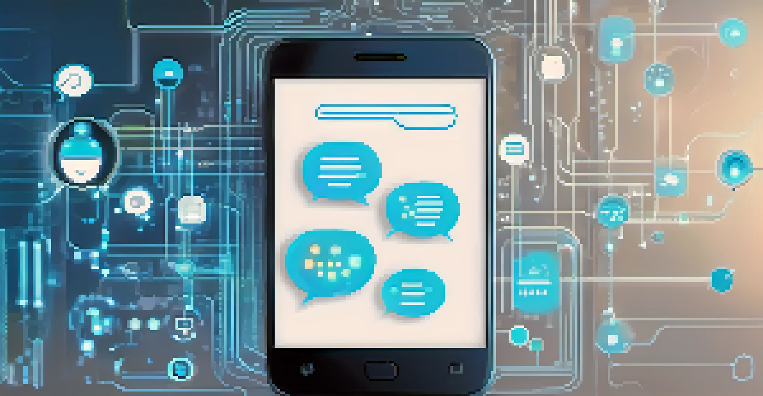 A close-up of a smartphone displaying a futuristic AI chatbot interface with glowing chat bubbles.