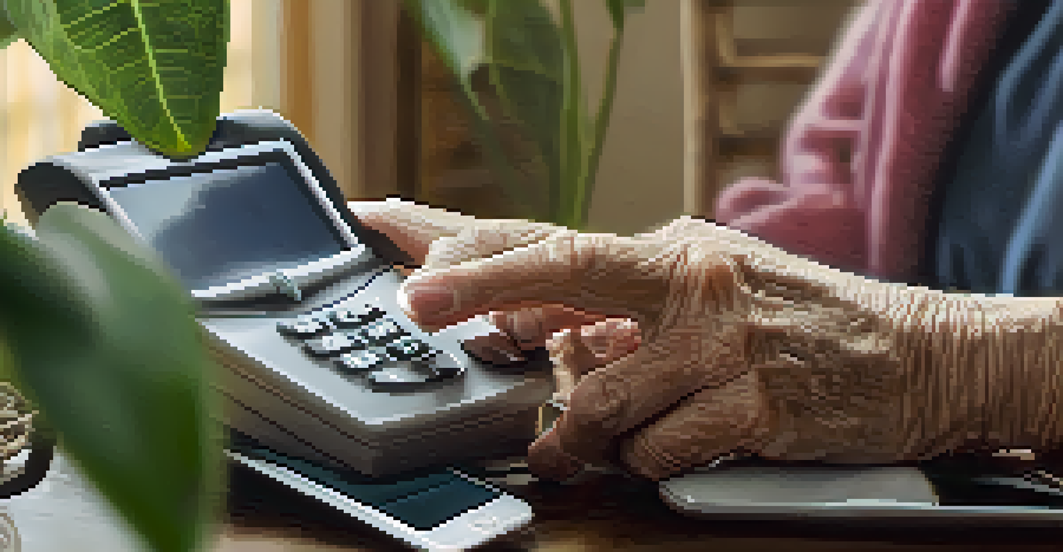 A close-up image of a senior's hands holding a phone displaying a hotline number, set against a cozy living room background.