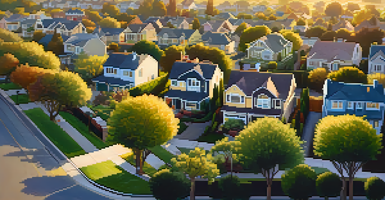 Aerial view of a suburban neighborhood with colorful houses and gardens, tree-lined streets, and families in a park during sunset.