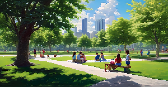 A vibrant urban park filled with greenery, families enjoying the sun, children playing, and a couple picnicking under a tree, with tall buildings in the background.