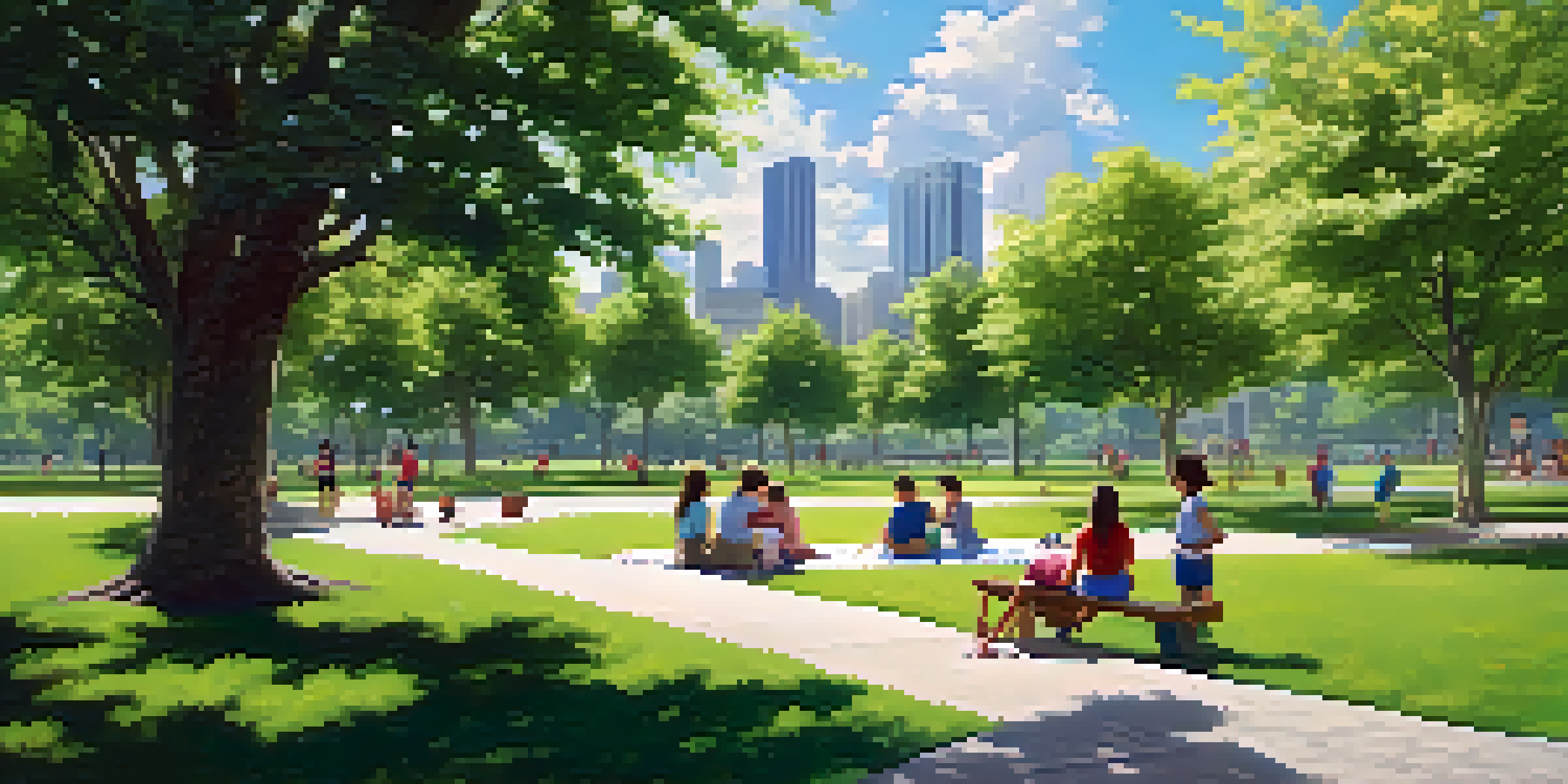 A vibrant urban park filled with greenery, families enjoying the sun, children playing, and a couple picnicking under a tree, with tall buildings in the background.