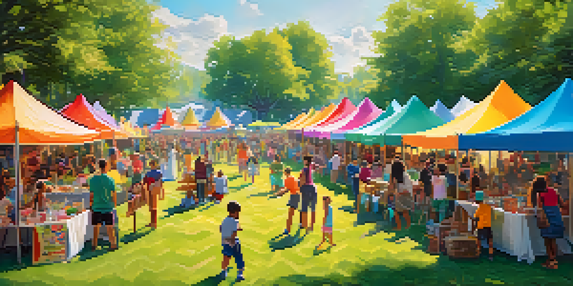 A lively community fair with tents, people engaging in activities, and children playing games in a sunny park.
