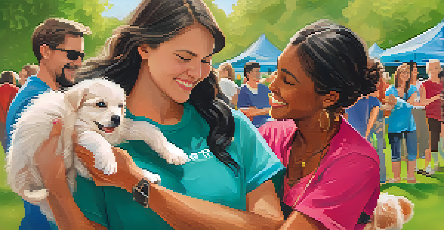 A lively animal adoption event with people interacting with puppies and colorful banners.