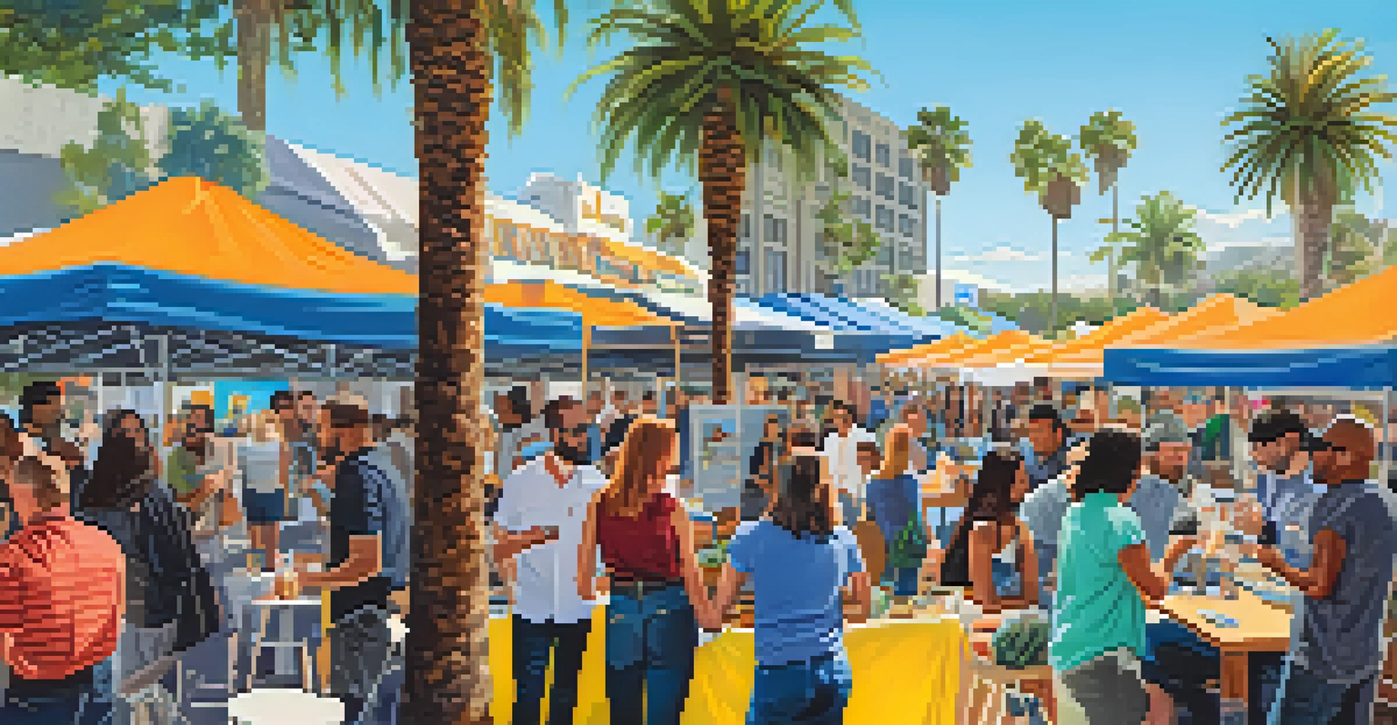 A vibrant outdoor networking event with diverse professionals talking and enjoying food trucks, set under a sunny sky in San Jose.