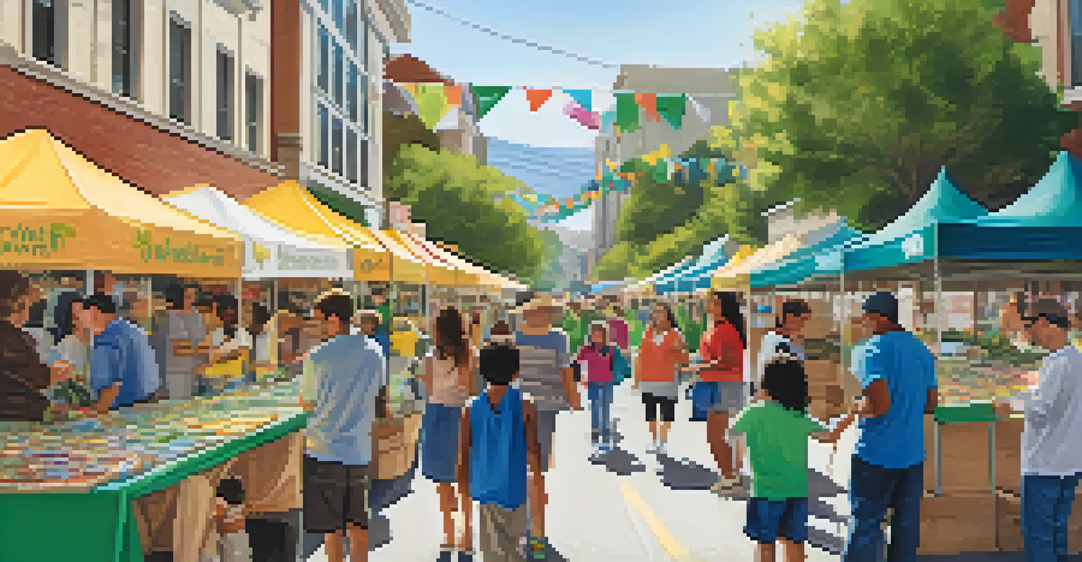 A local sustainability event in San Jose with booths, families, and colorful banners promoting eco-friendly practices.